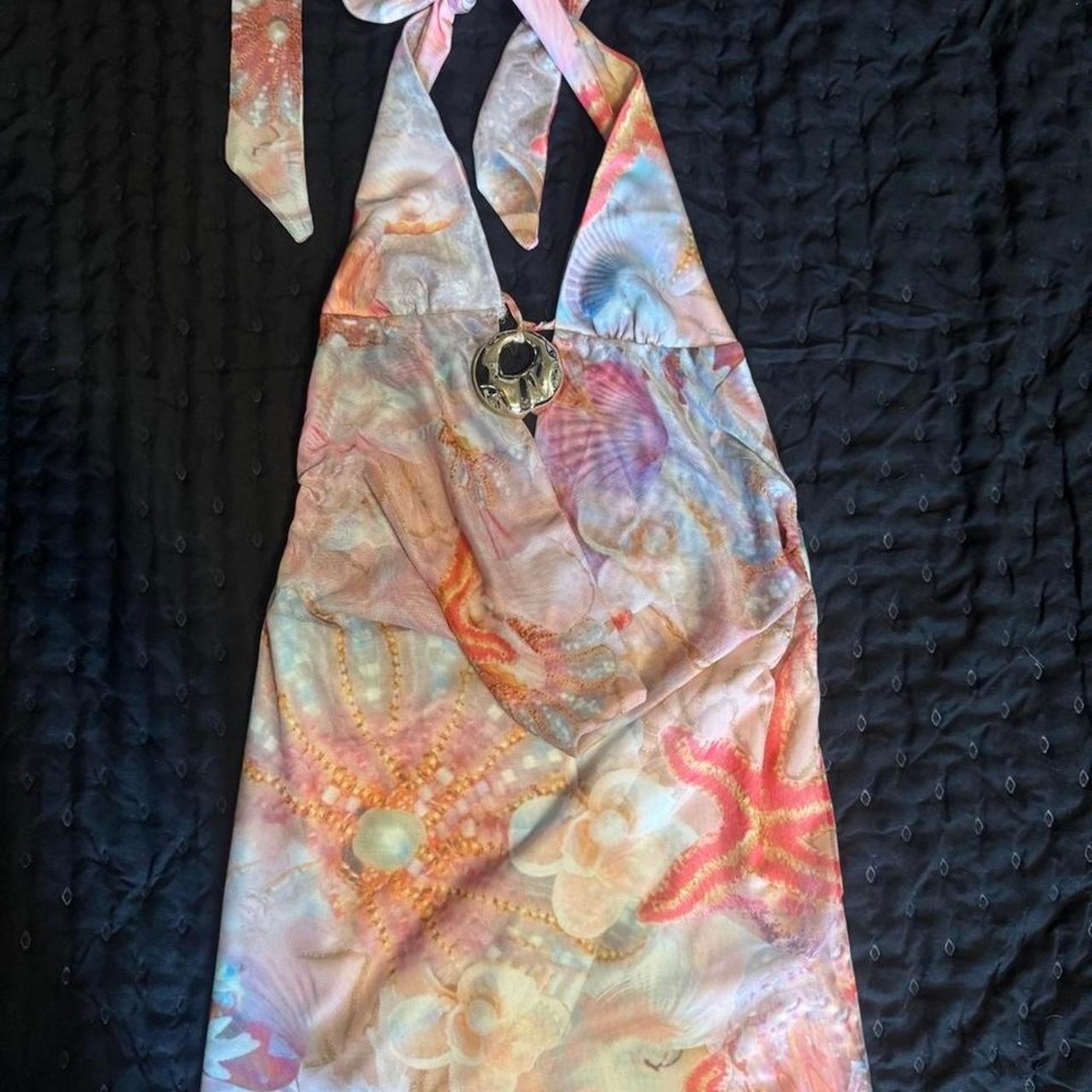 Sister Party Womens Halter Dress Pink Blue Orange Starfish Seashell Print Beach